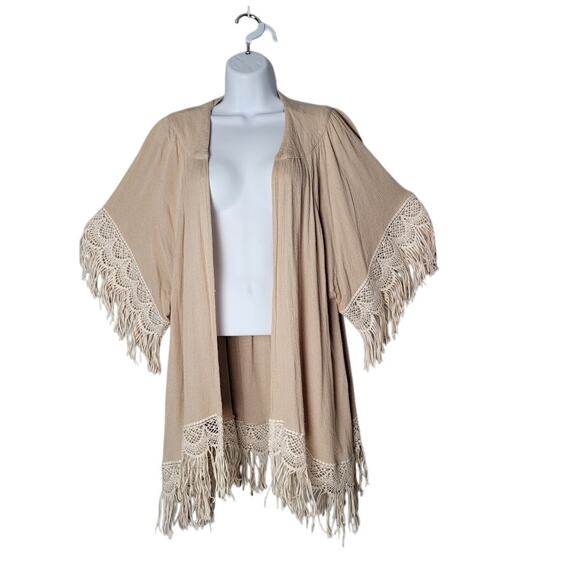Umgee USA M/L Beige Boho Fringe Kimono Cardigan Crochet Trim Open Front - Picture 1 of 8